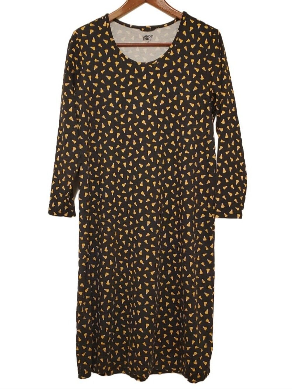Lands End Candy Corn Print Black Dress Long Sleeve Size Large Petite